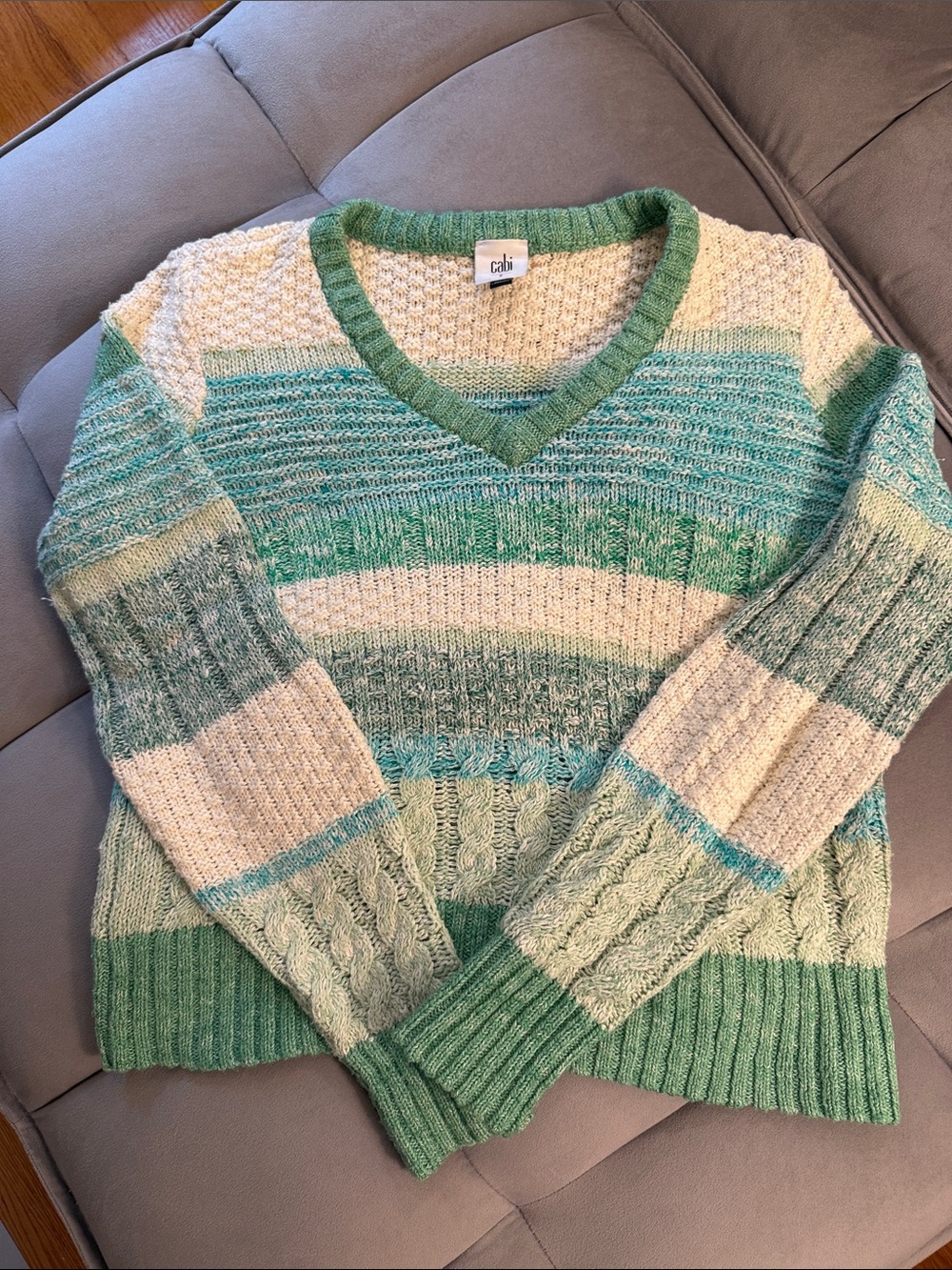 CAbi Men's V-Neck Striped Cable Knit Sweater in Mint, Teal and Cream